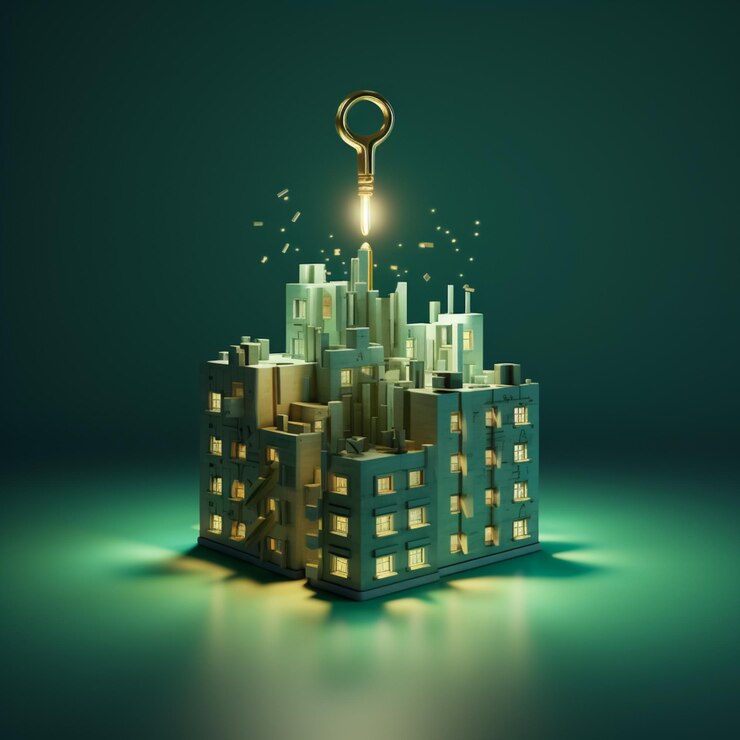 edificio de luz con concepto clave en fondo gris arial en el estilo de ilustrador arquitectónico.