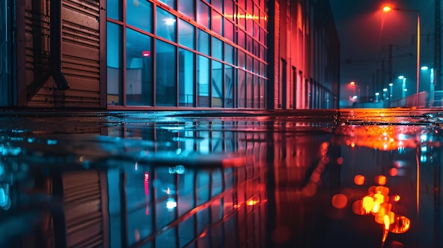 Foto un edificio con una luz roja y azul en él y un reflejo de un edificio en el agua