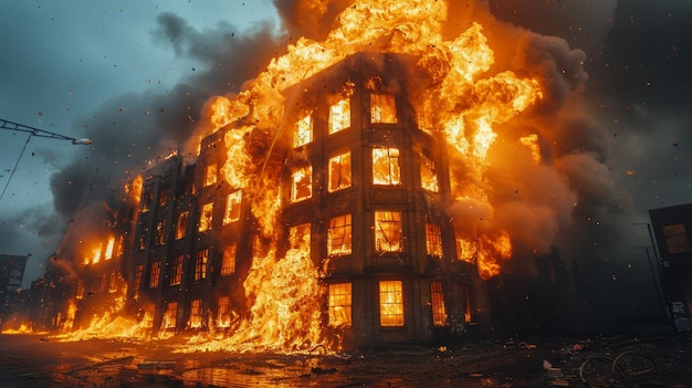 Edifício maciço envolto em chamas e fumaça
