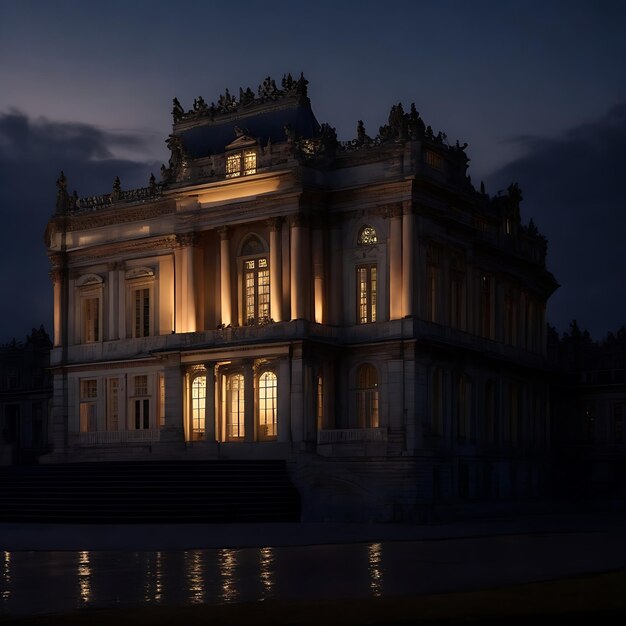 Edifício majestoso de arenito iluminado ao anoitecer clima escuro Palácio de Versalhes