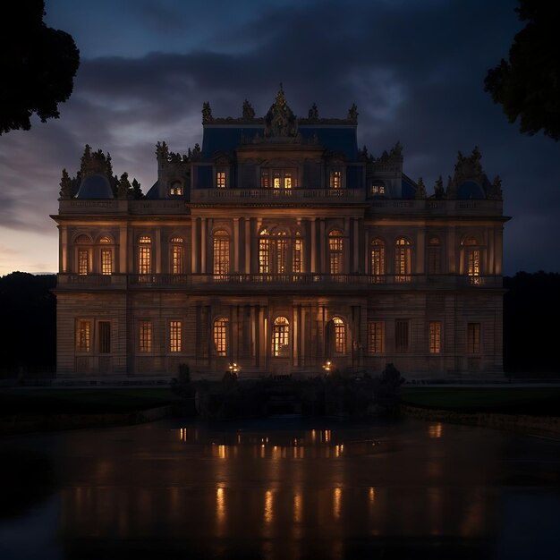 Edifício majestoso de arenito iluminado ao anoitecer clima escuro Palácio de Versalhes