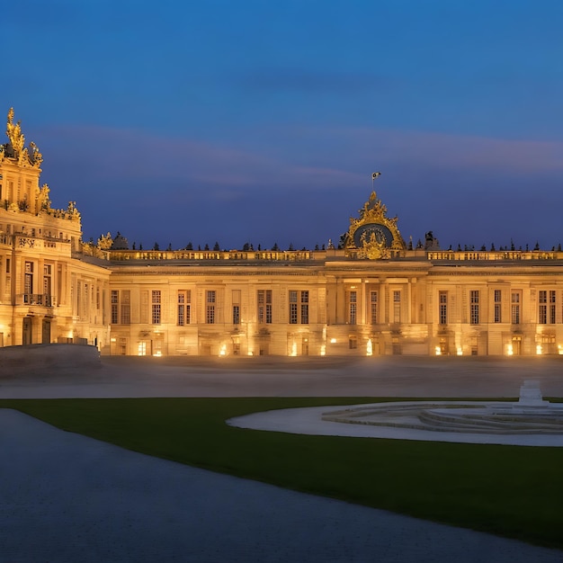 Edifício majestoso de arenito iluminado ao anoitecer Palácio de Versalhes