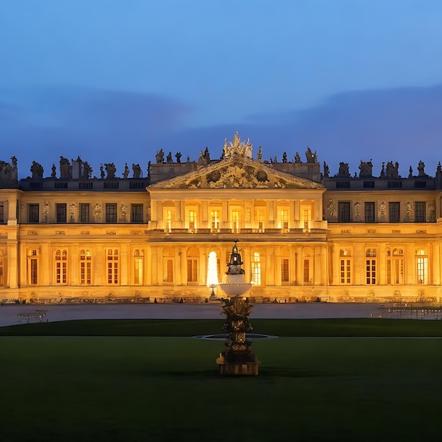 Edifício majestoso de arenito iluminado ao anoitecer Palácio de Versalhes