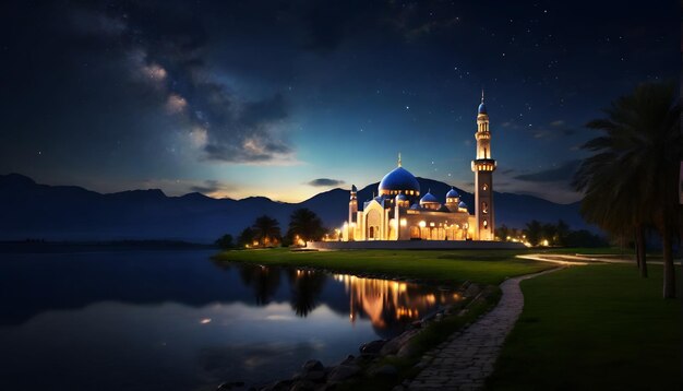 Edificio de la mezquita musulmana arquitectura del paisaje por la noche con hermosas estrellas del cielo agua del lago