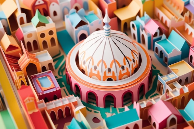 Un edificio de mezquita religiosa islámica tradicional hecho de papel recortado diseño generativo ai