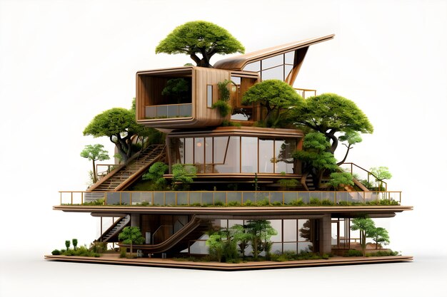 Edificio moderno 3D Ecológico con plantas arbóreas para reducir el dióxido de carbono Oficina en casa con entorno verde Concepto de idea sostenible ai generar