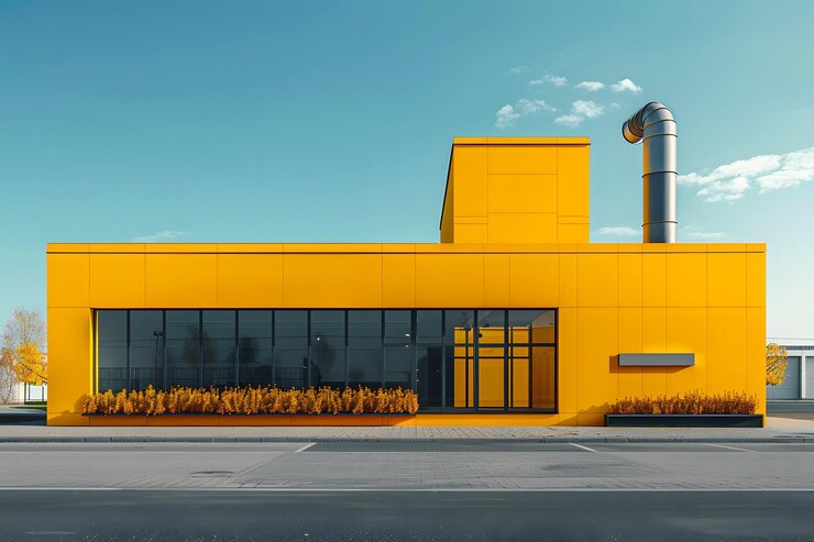 Edificio moderno amarillo vibrante con características industriales