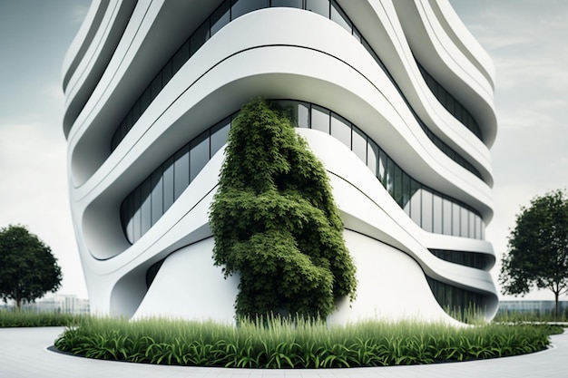 Edifício moderno branco elegante com linhas de fachada suaves com projeto de construção de plantas verdes da cidade do futuro desenvolvimento de infraestrutura e eco verde entre as ruas da cidade Generative AI