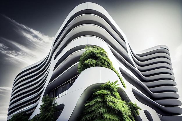 Edifício moderno branco elegante com linhas de fachada suaves com projeto de construção de plantas verdes da cidade do futuro desenvolvimento de infraestrutura e negócios de ruas ecológicas verdes Generative AI