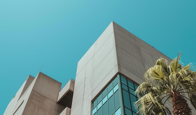 Edifício moderno com palmeiras em primeiro plano O conceito de arquitetura e design