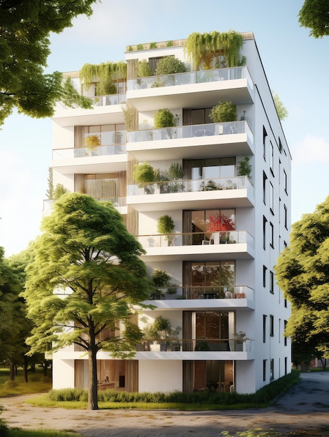 Edifício moderno de apartamentos ecológicos com varandas verdes