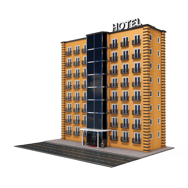 Edifício moderno de Orange Hotel com Street Road em um fundo branco. Renderização 3D