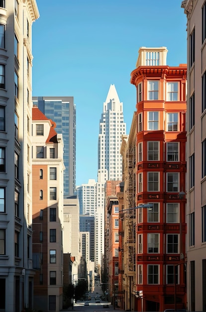 Edifício moderno de paisagem urbana com céu azul claro