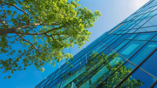 Edifício moderno de vidro fundindo-se com o céu emoldurado por copas verdes de árvores
