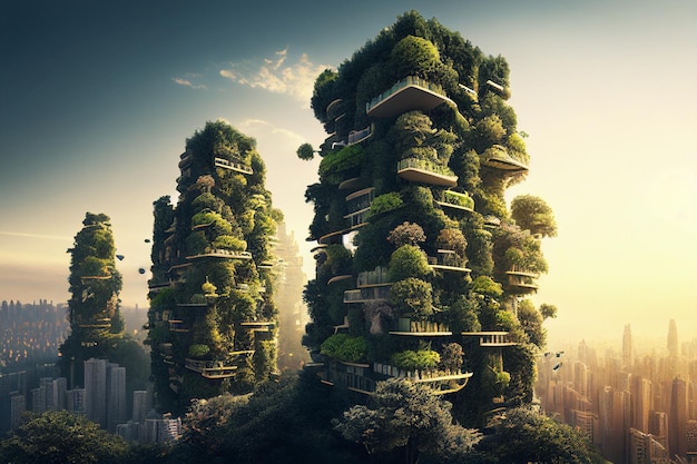 Edifício moderno e elegante com plantas verdes na fachada, o projeto de construção da cidade do futuro desenvolvimento de infraestrutura e ruas ecológicas verdes da cidade painéis solares de negócios Generative AI