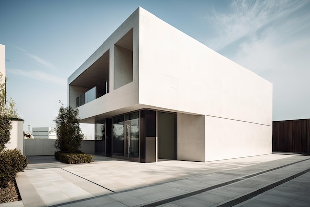 Edificio moderno con un elegante exterior minimalista caracterizado por líneas limpias y texturas audaces