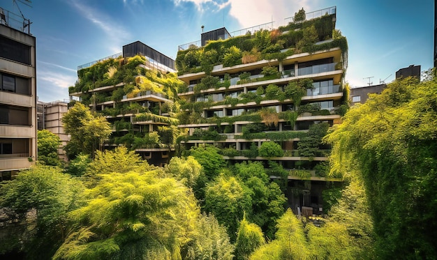 Un edificio moderno está cubierto de vegetación.