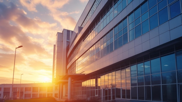 Edificio moderno del hospital al atardecer