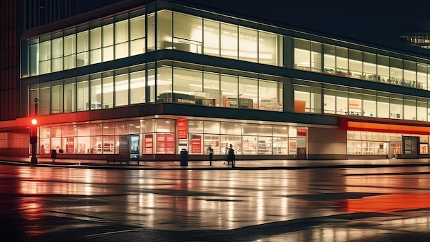 Edificio moderno iluminado por la noche suelo húmedo reflectante