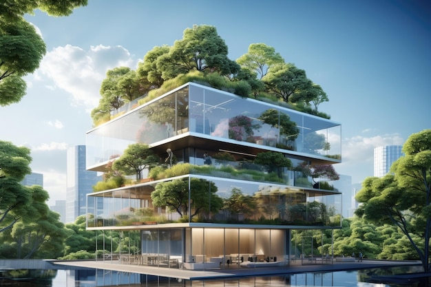 Edificio moderno y respetuoso con el medio ambiente Oficina de vidrio sostenible con madera para reducir la huella de carbono Oficina rodeada de vegetación Edificios corporativos reducen las emisiones de CO2