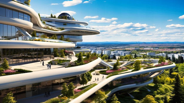 Foto edificio moderno y respetuoso con el medio ambiente con vegetación azul y arquitectura sostenible