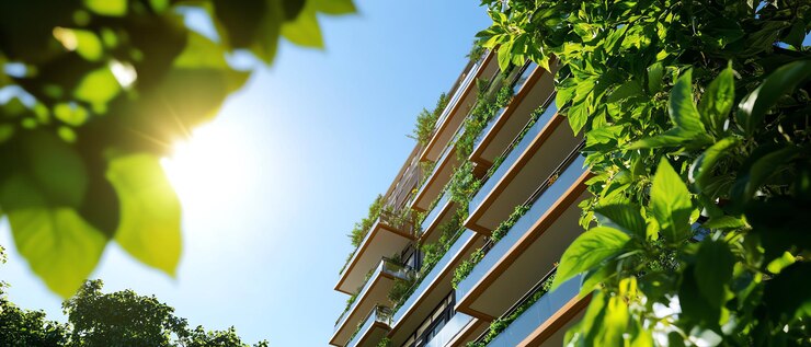 Edificio moderno con vegetación bajo el sol brillante