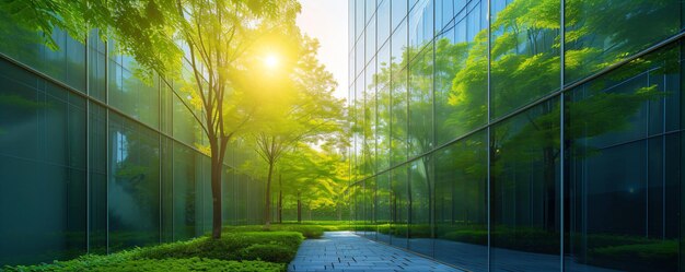 Edificio moderno de vidrio ecológico en la ciudad verde del futuro Árboles verdes y rascacielos