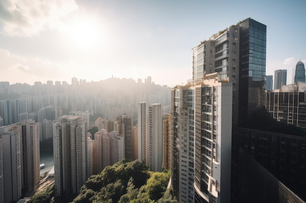 Edificio moderno con vista al horizonte de la ciudad rodeado por un mar de rascacielos