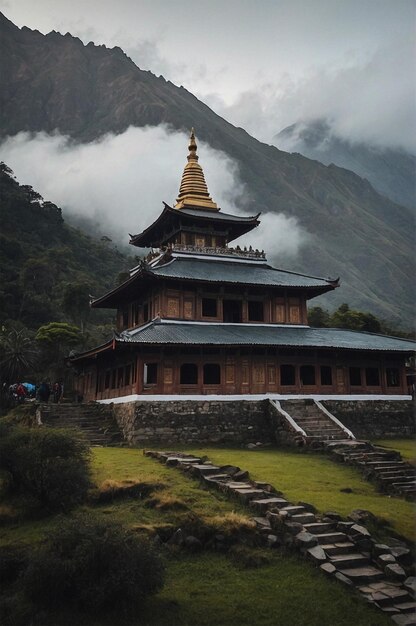 Foto un edificio con una montaña en el fondo