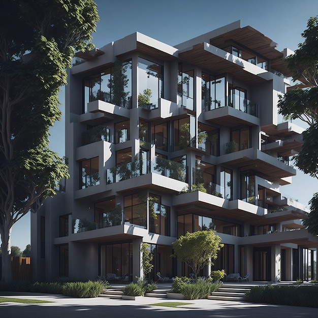 Un edificio con muchas ventanas y balcones con un árbol en el medio.