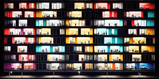 Un edificio con muchas ventanas que tienen diferentes colores.