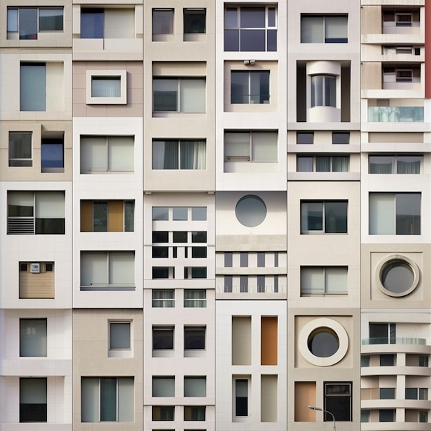 Un edificio con muchas ventanas y una ventana redonda.