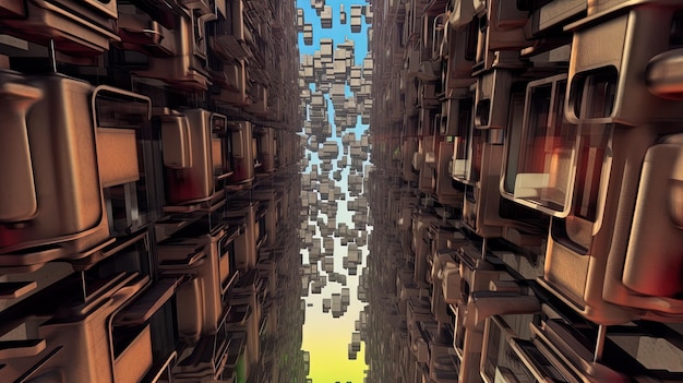 un edificio con muchos libros en la parte inferior y un cielo azul en el fondo