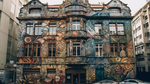 Foto un edificio con un mural a un lado.