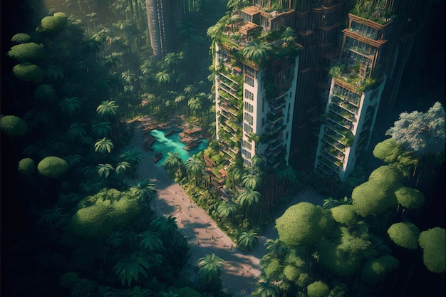 Edificio muy alto en medio de un bosque generativo ai