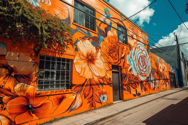 Foto un edificio naranja con flores pintadas en él