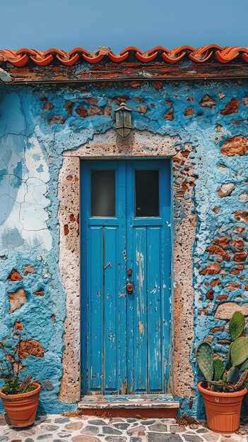 Edificio naranja con puerta y ventana azules