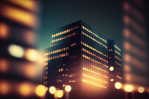 Edificio de oficinas de la ciudad en la noche con iluminación bokeh y un fondo abstracto