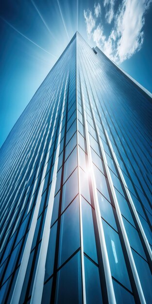 Edificio de oficinas contemporáneo de vidrio en el cielo contra un telón de fondo de cielo azul