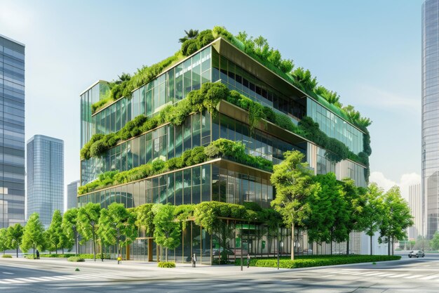 Edificio de oficinas ecológico sostenible en una ciudad moderna con árbol