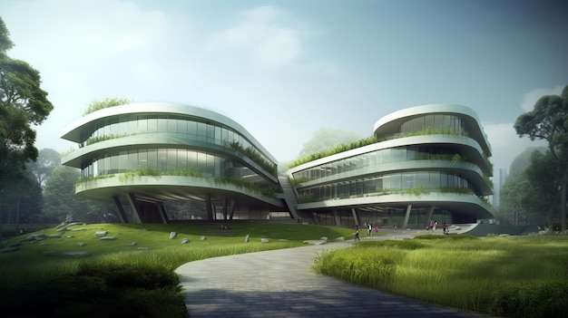 Edificio de oficinas de educación moderna con concepto ecológico verde generado por IA