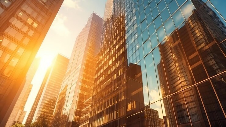 Edificio de oficinas de espejo en cielo de estilo de alta tecnología reflejado Generativo ai