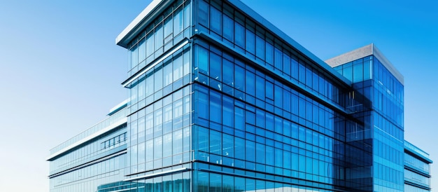 Edificio de oficinas exterior moderno con pared de vidrio con fondo de cielo azul Generar imagen de IA