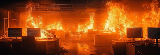 Un edificio de oficinas en llamas con varias computadoras en llamas produciendo una vista dramática y poderosa de caos y devastación