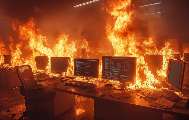 Un edificio de oficinas en llamas con varias computadoras en llamas produciendo una vista dramática y poderosa de caos y devastación