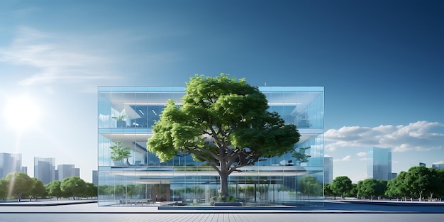 Edificio de oficinas moderno con árboles verdes renderizado en 3D Concepto de negocio