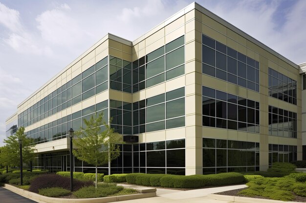 Un edificio de oficinas moderno con un cielo azul de fondo Exterior del edificio de oficinas corporativas de EE. UU. Generado por IA