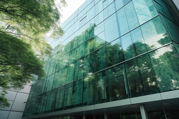 Edificio de oficinas moderno en la ciudad fachada de vidrio árboles verdes y propiedades comerciales contemporáneas