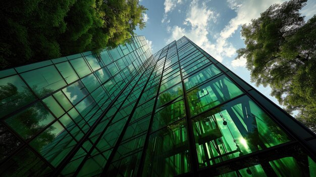 Foto edificio de oficinas moderno con fachada de vidrio verde y reflejo