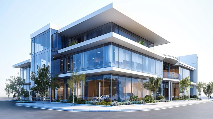 edificio de oficinas moderno con muchas ventanas y un estacionamiento generativo ai